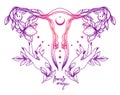 `Female magic` poster with symbol of uterus, flowers and female hands